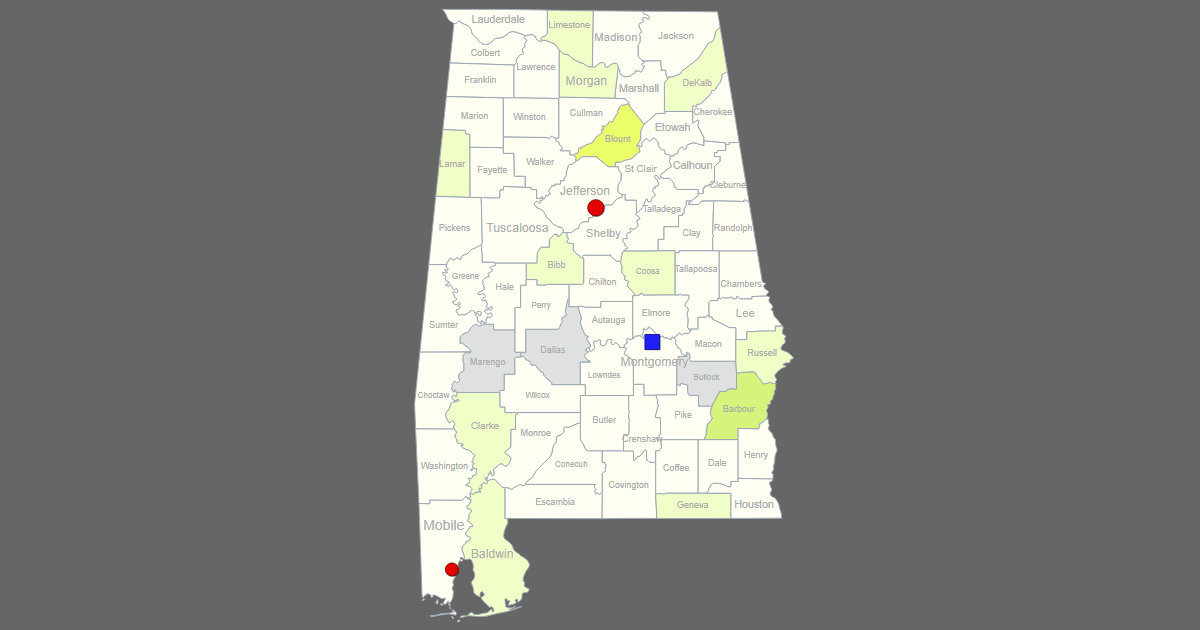 Interactive Map of Alabama [Clickable Counties / Cities]